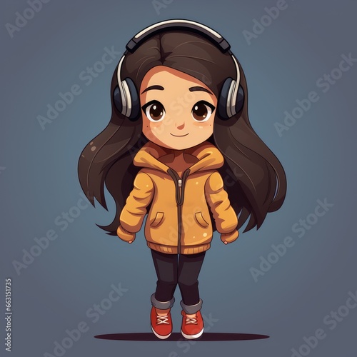 a image cartoon flat of a cute girl wearing headphone, AI Generative