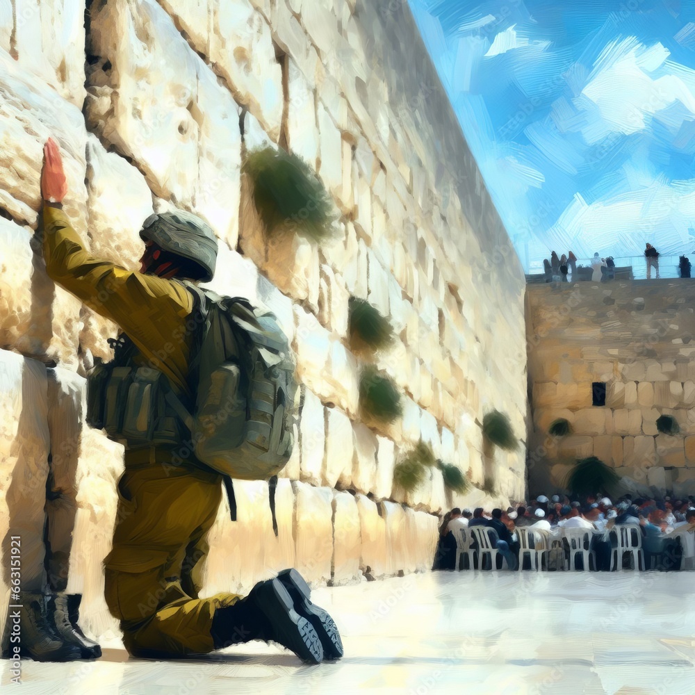 Fototapeta premium Generative AI image of a soldier praying in Jerusalem the western wall