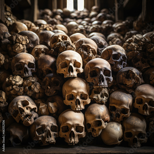 Skulls and bones covered in dust. lot of creepy human remains in dark. Abstract dark background symbolizing death, evil.