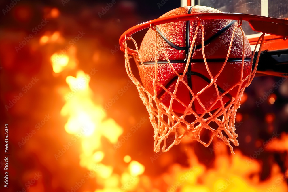 Basketball game ball scoring in hoop at a sports arena with fire. Banner with copy space. Basketball game ball scoring in hoop at a sports arena with fire. Banner with copy space.