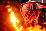 Basketball game ball scoring in hoop at a sports arena with fire. Banner with copy space.