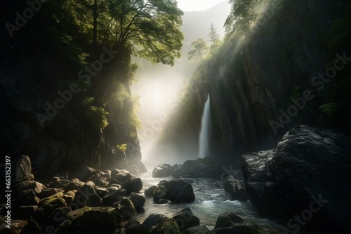 explore captivating waterfall at a mystical gorge with stunning bokeh and immersive depth of field. Generative AI