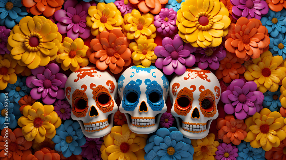 A vibrant Día de los Muertos celebration scene with intricately designed sugar skulls nestled among marigold petals, 3D rendered digital illustration