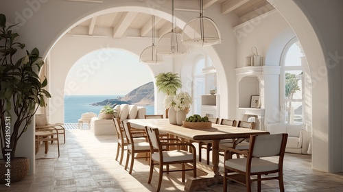 Interior design of modern Mediterranean style seaside dining room with arched ceiling. © Savinus