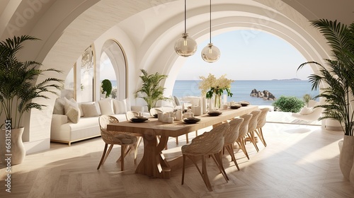 Interior design of modern Mediterranean style seaside dining room with arched ceiling.