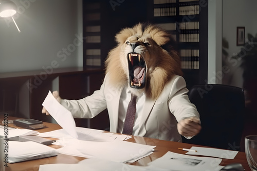 Concept furious lion businessman shouts and growls at meeting at his subordinates, throws paper. Expired contracts, boss beast in meet room photo