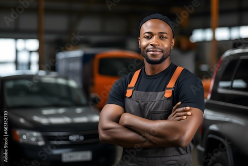 Confident African American male car mechanic in a garage background, professional auto maintenance photography, Horizontal format 3:2