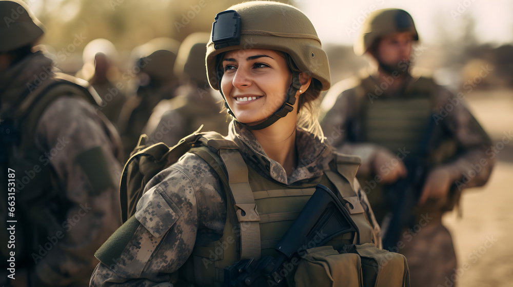 Portrait of smile young woman in uniform background team army. Banner private military mission