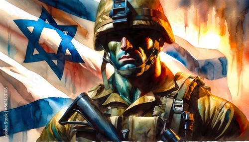 Israeli soldier with army helmet, flag of Israel, colorful watercolor painting
