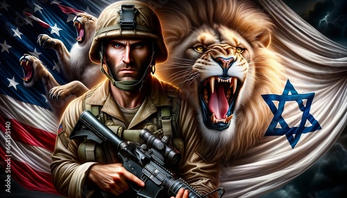 Generative AI image of an Israeli soldier and a lion over a flag of Israel and USA as a background
