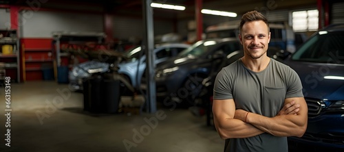 Smiling confident caucasian blond male car mechanic in a garage background, professional auto assistance photography, Horizontal format 9:4