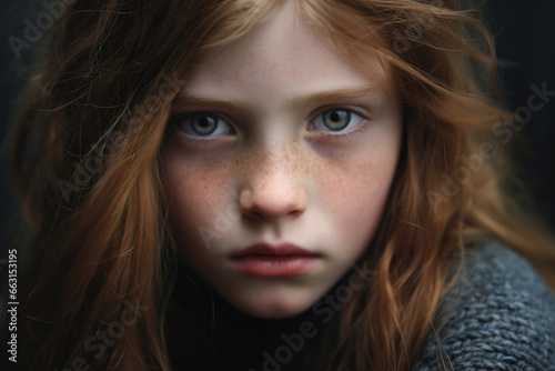 Close up portrait of Caucasian sad little girl 