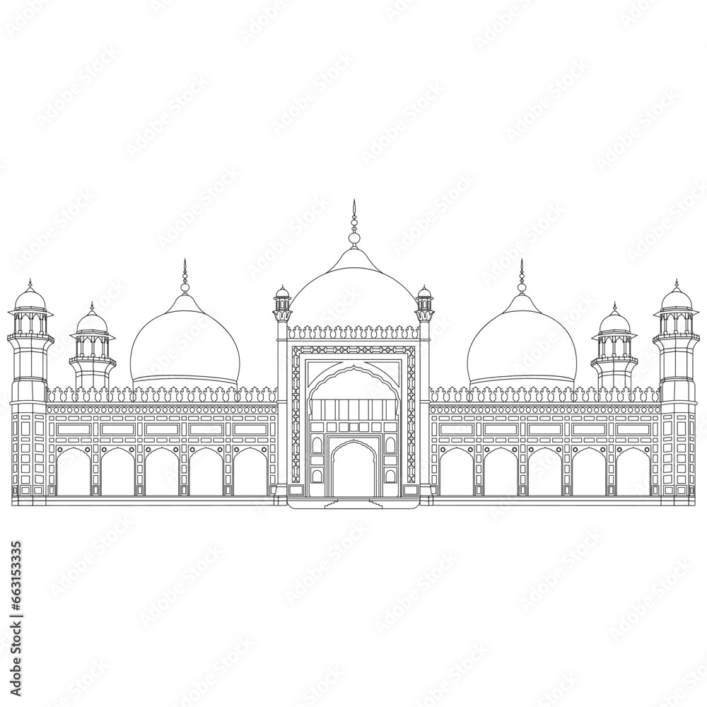 Badshahi Mosque Lahore - outline beautiful illustration.