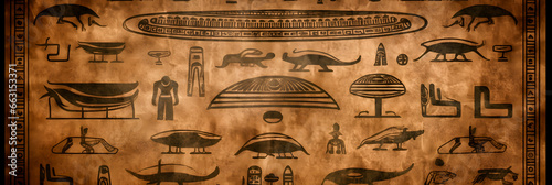 Egyptian hieroglyphs, Egypts people worship aliens UFO flying saucers. Generation AI.