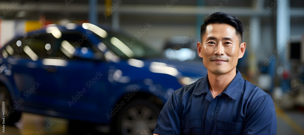 Confident Korean or Japanese asian middle aged man car mechanic in a garage background, professional automobile assistance photography, Horizontal format 9:4