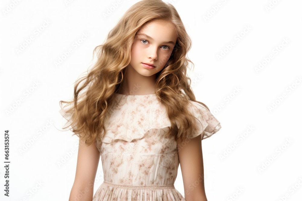 Beautiful young girl in dress isolated on white background studio. Posing kid girl with positive pretty. Generate Ai Beautiful young girl in dress isolated on white background studio. Posing kid girl with positive pretty. Generate Ai
