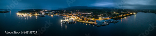 Aerial night view of Killybegs, the most important fishing harbour town in Ireland, County Donegal