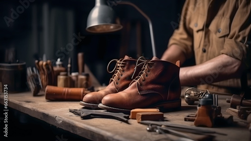 Shoemaker performs shoes in studio craft, workplace of craftsman for restoration shoe grain leather