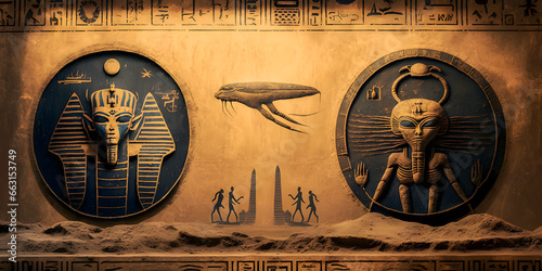 Egyptian hieroglyphs, Egypts people worship aliens UFO flying saucers. Generation AI.