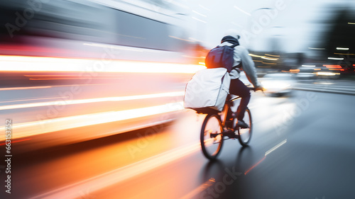 a delivery service courier on a bike rides in city traffic in a blurry. bike road street