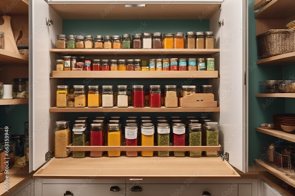 a slide-out crate organizer in a kitchen pantry