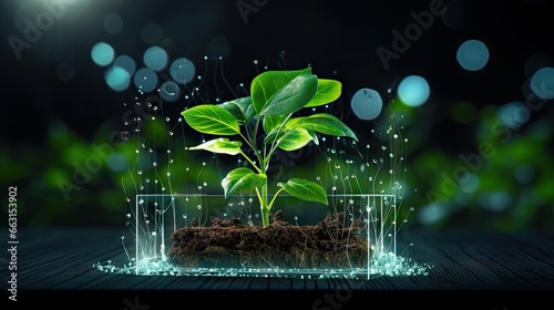Young plant with cyber display of technological smart farming 4.0-Smart Farming and Agriculture Innovation Concept.