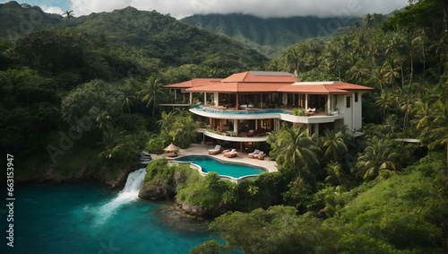 An aerial view of a dream house in a lush tropical setting, surrounded by dense foliage, waterfalls, and a meandering river.