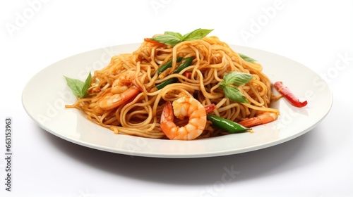 Stir-fried Spicy Spaghetti Seafood Thai Style (Spaghetti Pad Kee Mao) on White Dish, Isolated on White Background with Shadow, Front Side view. Selective Focus at the front.