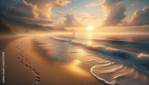 Generative AI image of a Hyper-realistic image of a serene beach scene during sunrise, capturing the soft golden light, the gentle waves caressing the shore, and footprints on the beach