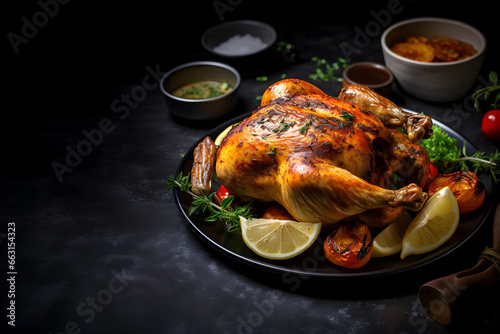 Traditional thanksgiving roasted chicken turkey herbs and spices with vegetables on dark table floor background