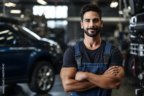 Confident Hispanic Latino man car mechanic in a garage background, professional automobile assistance photography, Horizontal format 3:2 photo