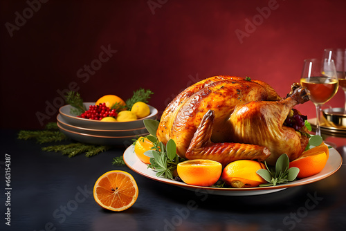 Traditional thanksgiving dinner with roasted chicken turkey herbs and spices, vegetables, orange and wine on red background