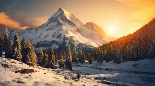 Montañas alpinas nevadas al atardecer photo
