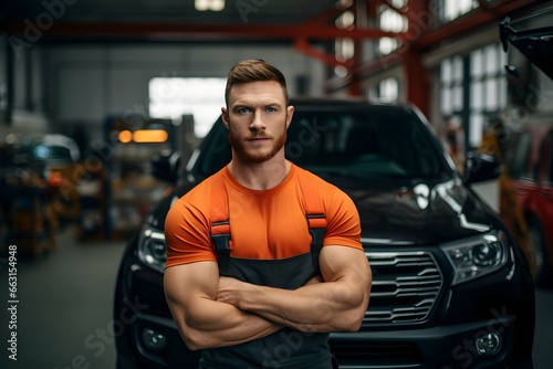 Serious confident caucasian ginger man car mechanic in a garage background, professional automobile assistance photography, Horizontal format 3:2