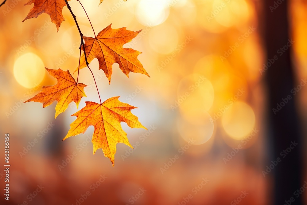 Close up of autumn leaves against autumn nature landscape background Close up of autumn leaves against autumn nature landscape background