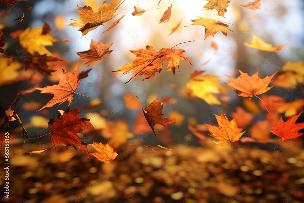 Close up of autumn leaves against autumn nature landscape background Close up of autumn leaves against autumn nature landscape background