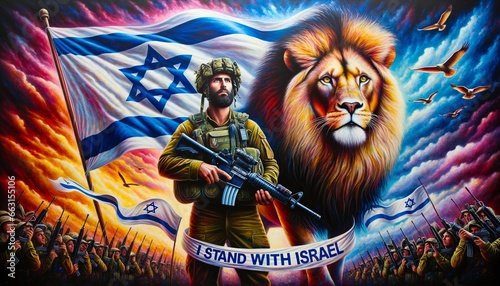 Generative AI image of an Israeli soldier and a lion over a flag of Israel as a background