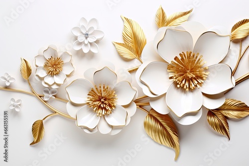 3d gold flowers white backgroung.