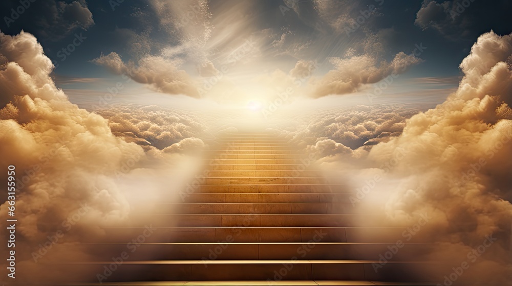 Stairs to Doors Paradise - concept on religions Faith, forgiveness to God, Heavenly gate sunbeam gold motivation imagination, heaven above stairs in fog and under light 2021,happy new year 2022