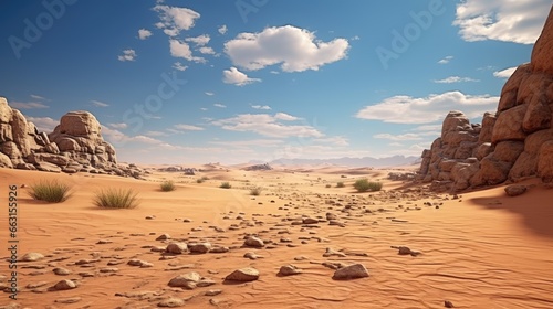 Sahara Desert. Beautiful desert landscape. Stones, sand, dry bushes and blue sky.
