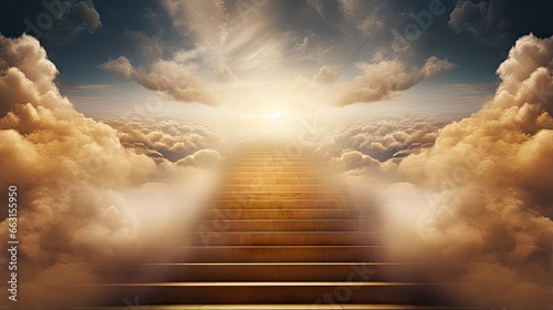 Stairs to Doors Paradise - concept on religions Faith, forgiveness to God, Heavenly gate sunbeam gold motivation imagination, heaven above stairs in fog and under light 2021,happy new year 2022