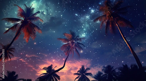 A beautiful shot of the palm trees under a night sky full with stars