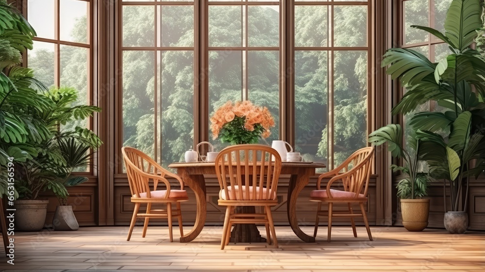Obraz premium Stylish compositon of craft oak wooden table with chairs, copper watering can and modern floor in beautiful orangery. Template.