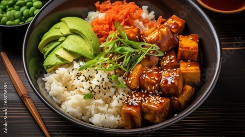 Sweet, spicy , crispy and fried Tofu in a bowl with terriayaki sauce, avocado,fried mushrooms, sesame seeds and rice. Served with green Matcha Tea. Healthy vegan food, gluten-free. Buddha bowl