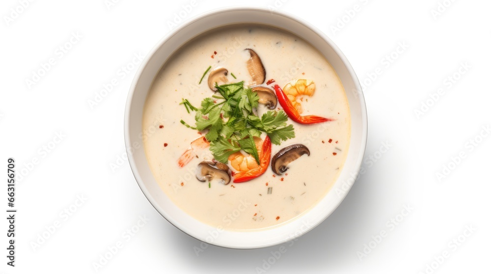 Flat lay, top view Spicy Thai Prawn Coconut Milk soup isolated on white background Flat lay, top view Spicy Thai Prawn Coconut Milk soup isolated on white background