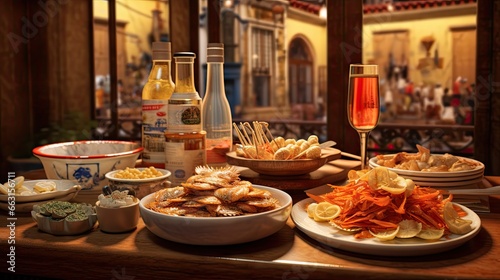 Snacks with cod fish in tapas bar in Spain, traditional Spanish food photo
