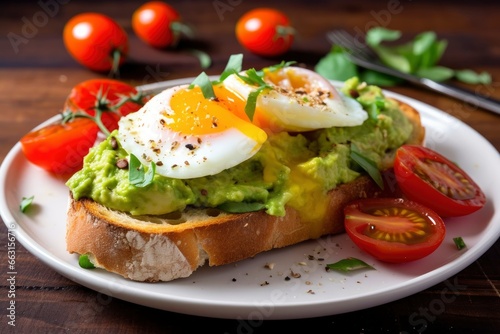 Avocado toast with eggs and roasted tomatoes.