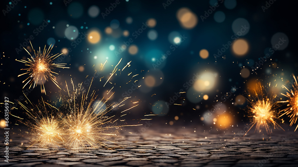 Fototapeta premium golden bokeh with fireworks flashes on a black festive background, isolated night