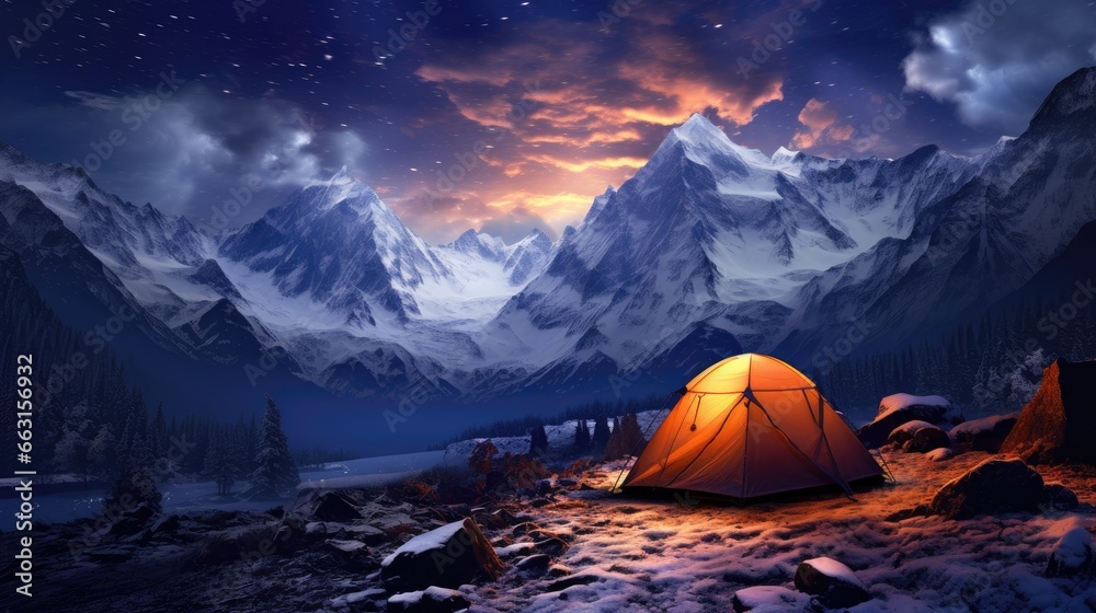 Camping in the wilderness. A pitched tent under the glowing night sky stars of the milky way with snowy mountains in the background. Nature landscape - obrazy, fototapety, plakaty 