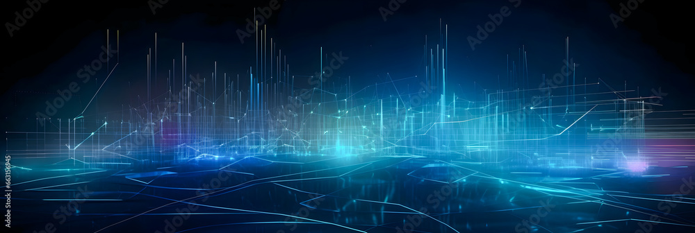 Obraz premium Abstract technology banner background, Network light effect, blue and orange color. Concept visualization of sound waves. Generation AI.